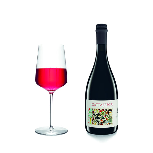 Bottiglia di vino rosso Cattabrega con bicchiere di vino rosso su sfondo bianco