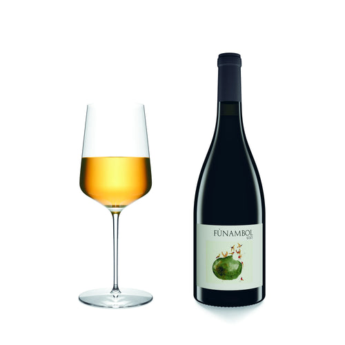 Calice di vino bianco e bottiglia di Funambol, sfondo bianco, vino artigianale italiano