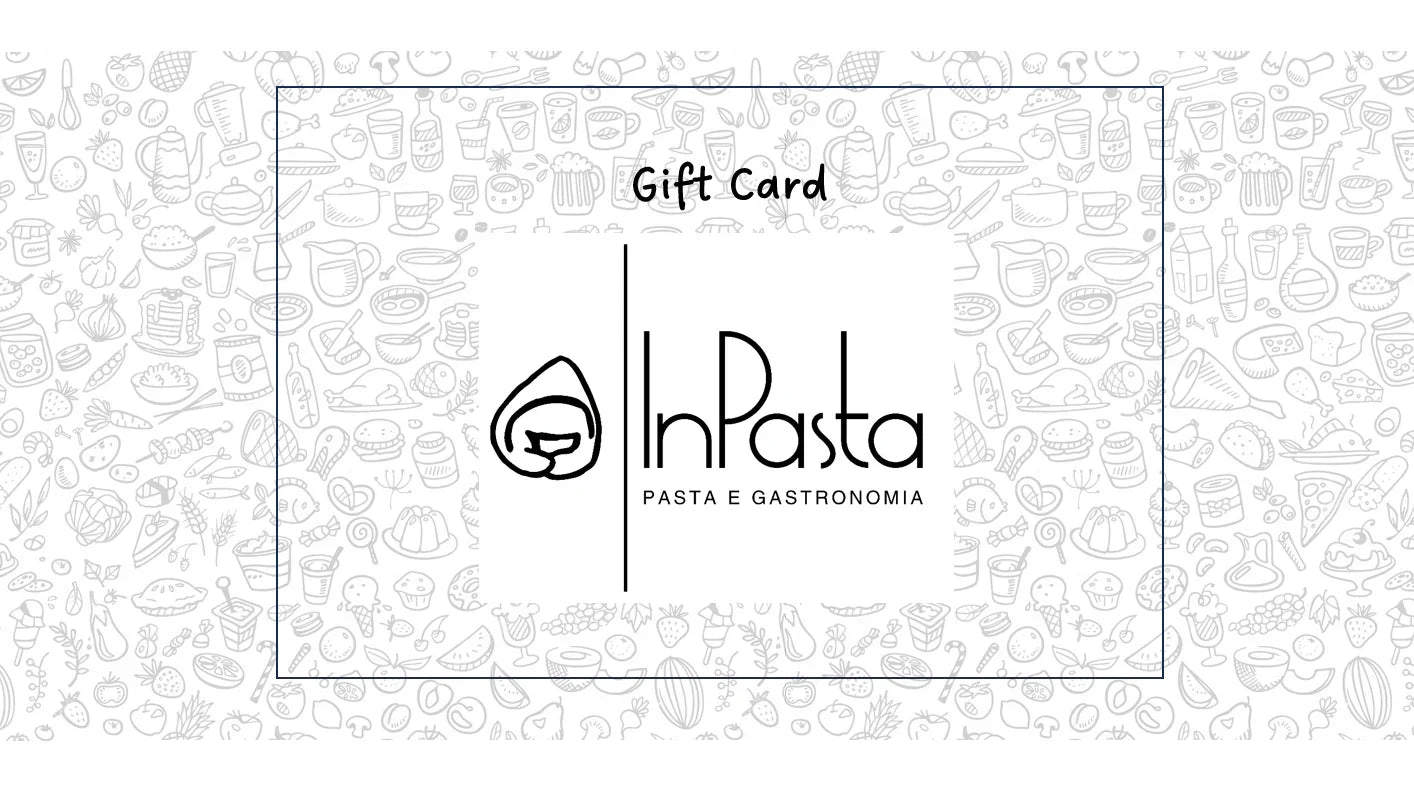 Carta regalo con logo InPasta, sfondo con icone alimentari, pasta fresca e gastronomia