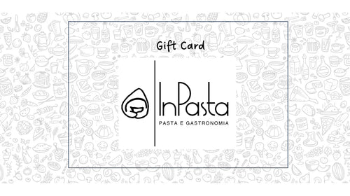 Carta regalo con logo InPasta, sfondo con icone alimentari, pasta fresca e gastronomia