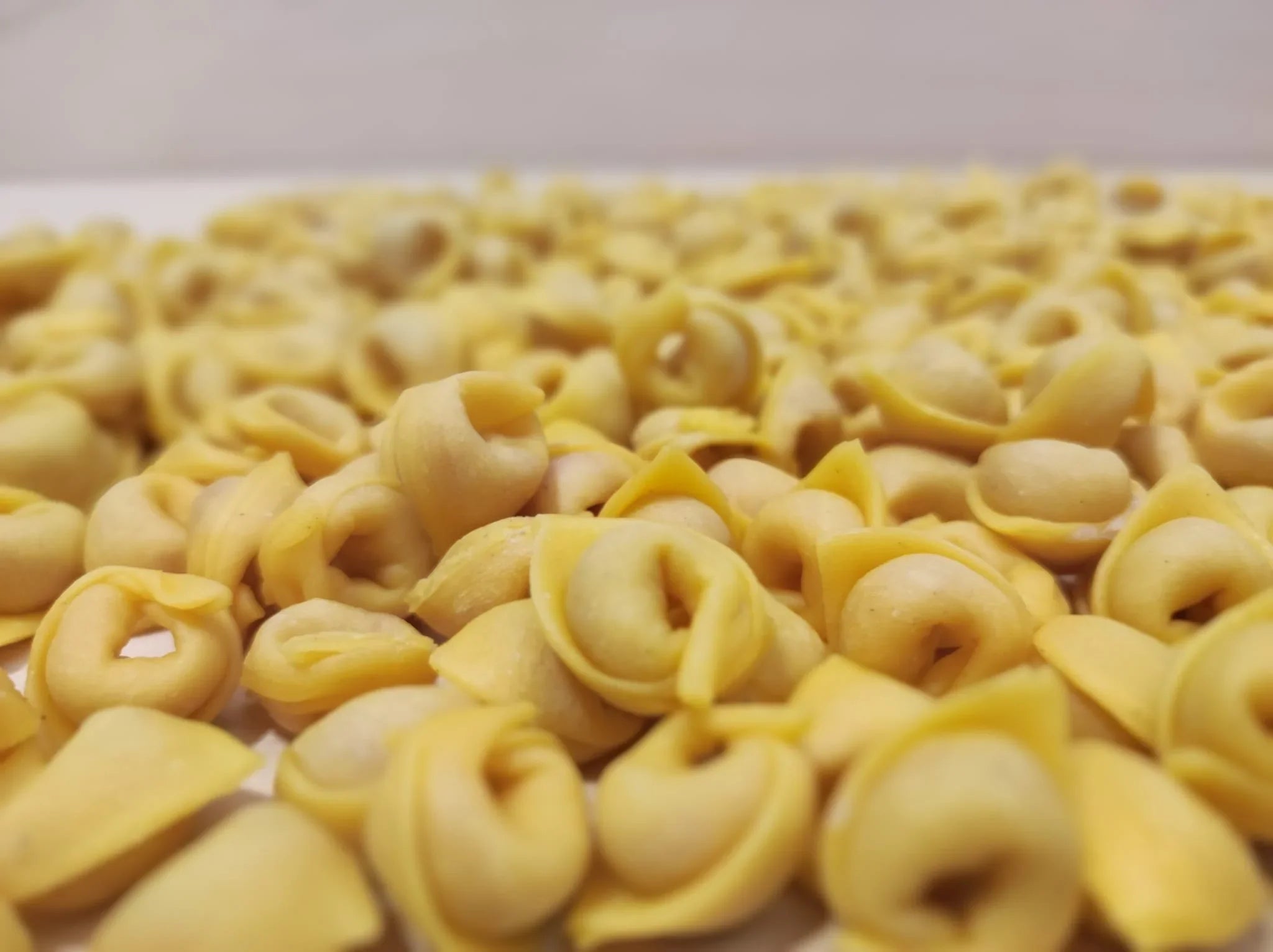 Tortellini artigianali freschi emiliani su sfondo chiaro