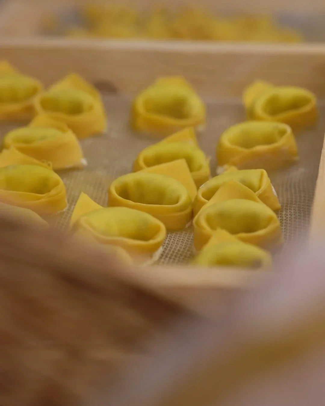 Tortelloni artigianali emiliani disposti su vassoio in legno pronti per la cottura